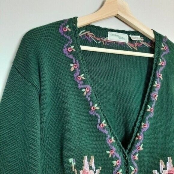 Vintage WILLOW RIDGE Cardigan Sweater Rose Flower Embroidery Sz L - Picture 3 of 9